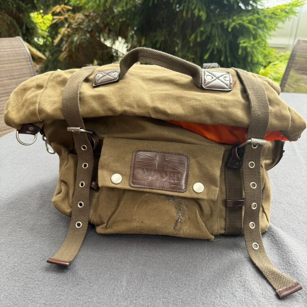 Oxford Heritage Roll Top Pannier Bag Khaki Canvas Motorcycle Tail Bag Retro